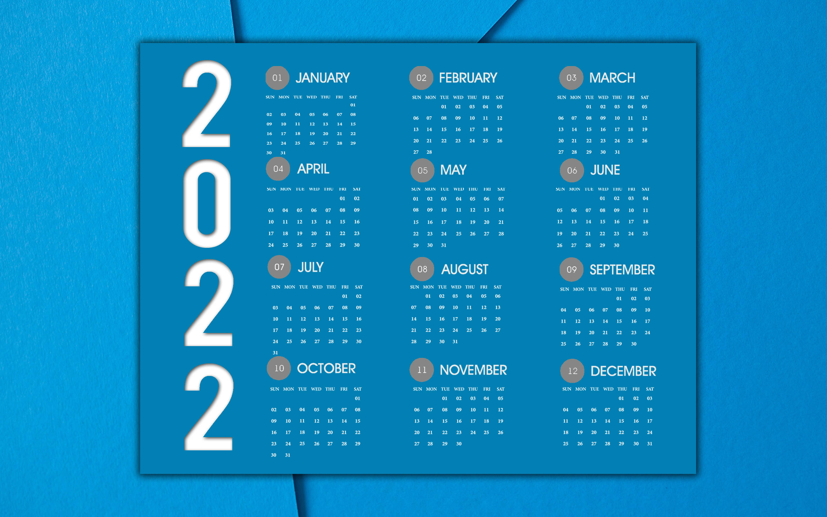 2022 calendar, blue, white text, 2K Desktop Wallpaper