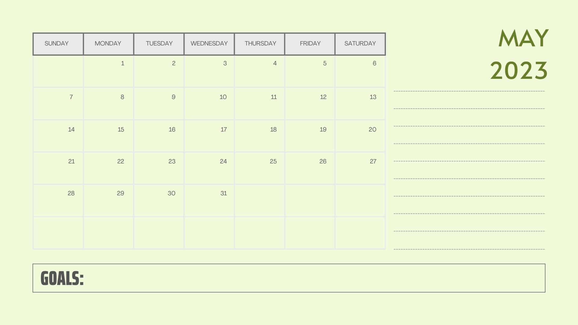 May 2023 Calendar, light green, grid layout, Full HD Desktop Wallpaper
