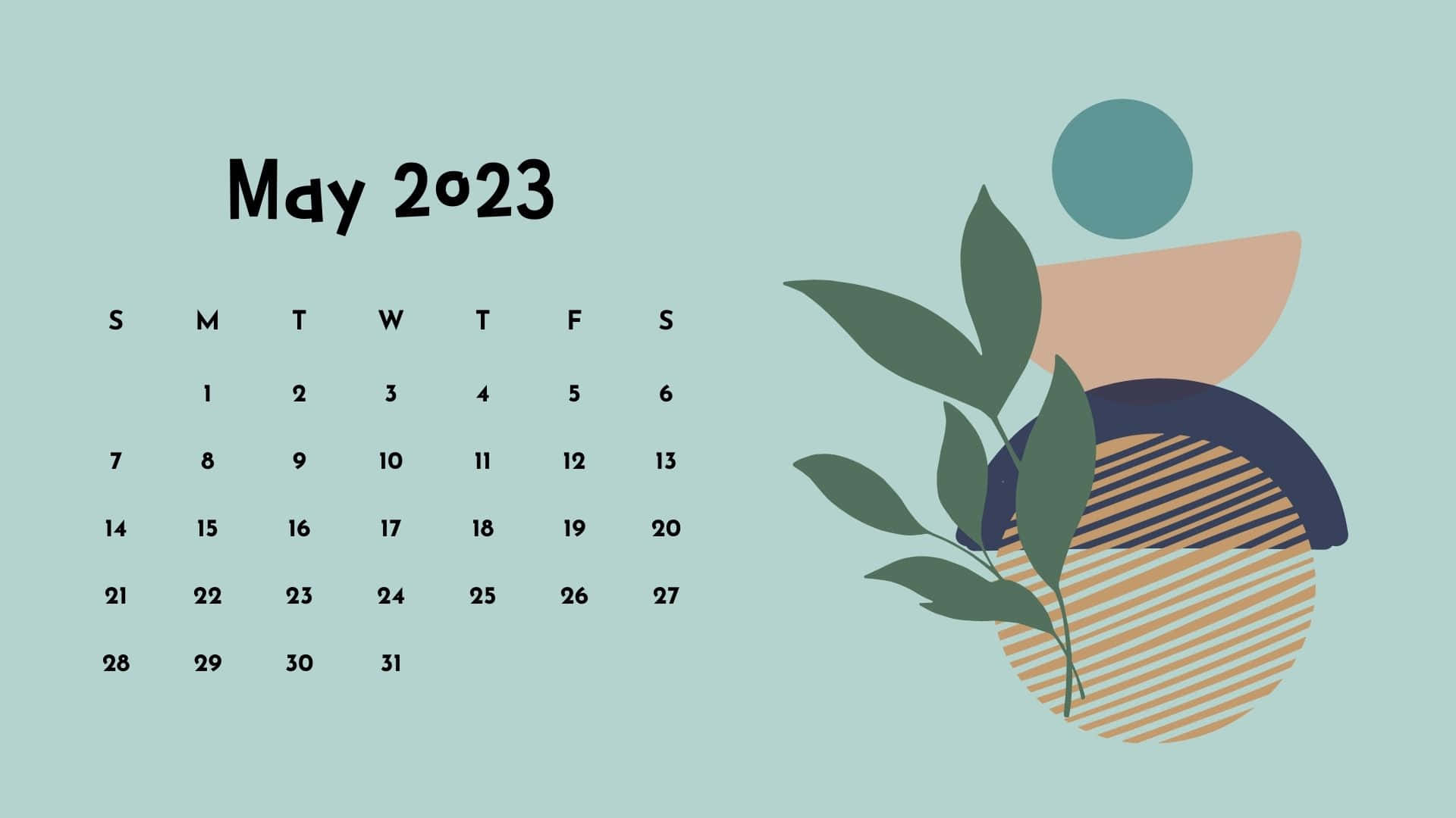 May 2023 Calendar, geometric shapes, green leaves, Full HD Desktop Wallpaper