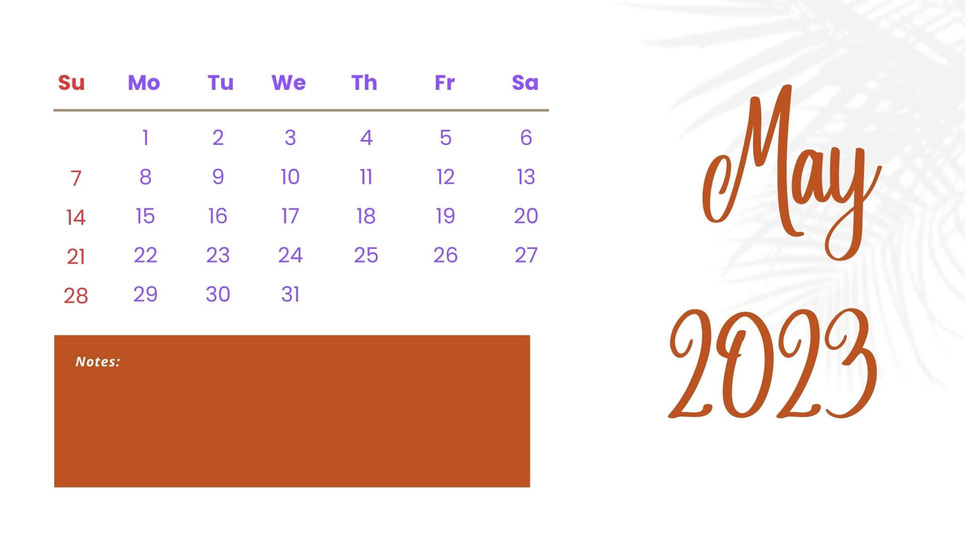May 2023 Calendar, purple text, terracotta notes box, Full HD Desktop Wallpaper