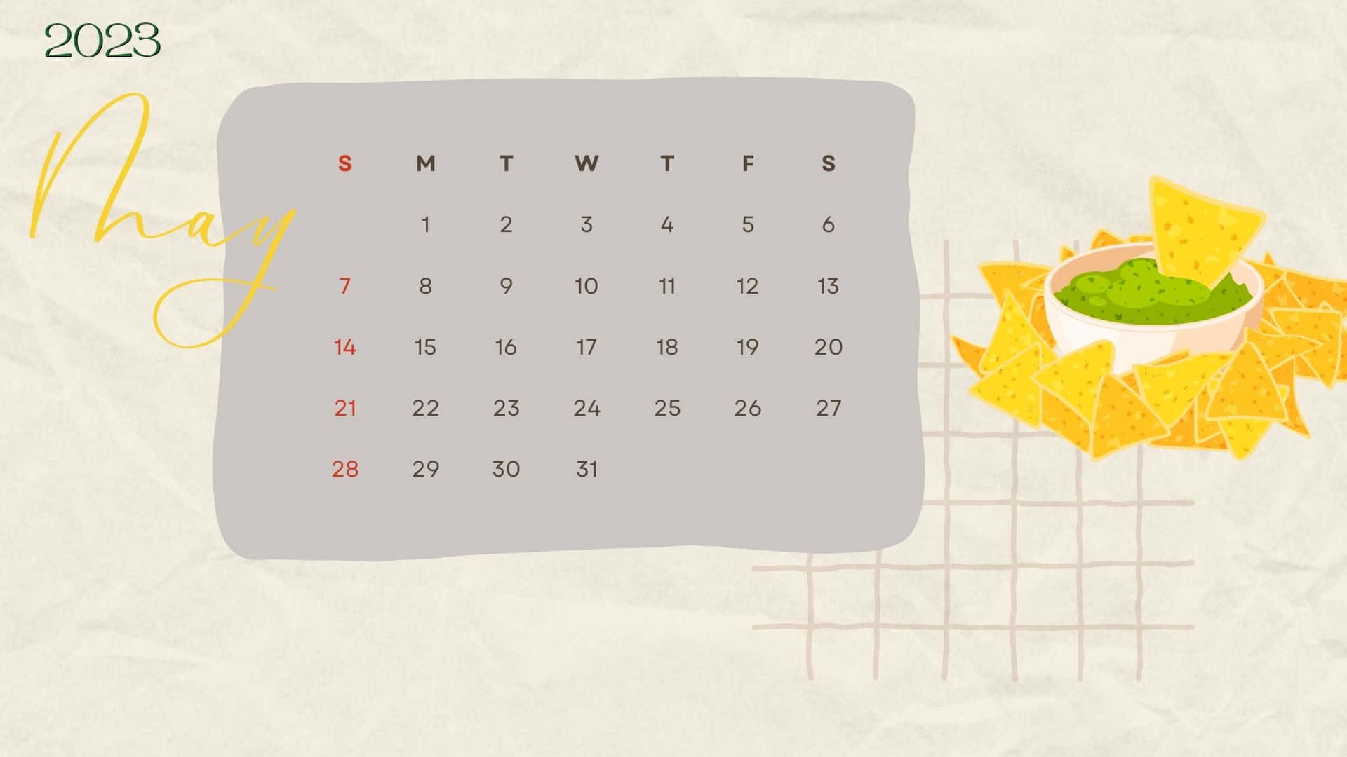 May 2023 Calendar, gray grid, yellow cursive text, Full HD Desktop Wallpaper
