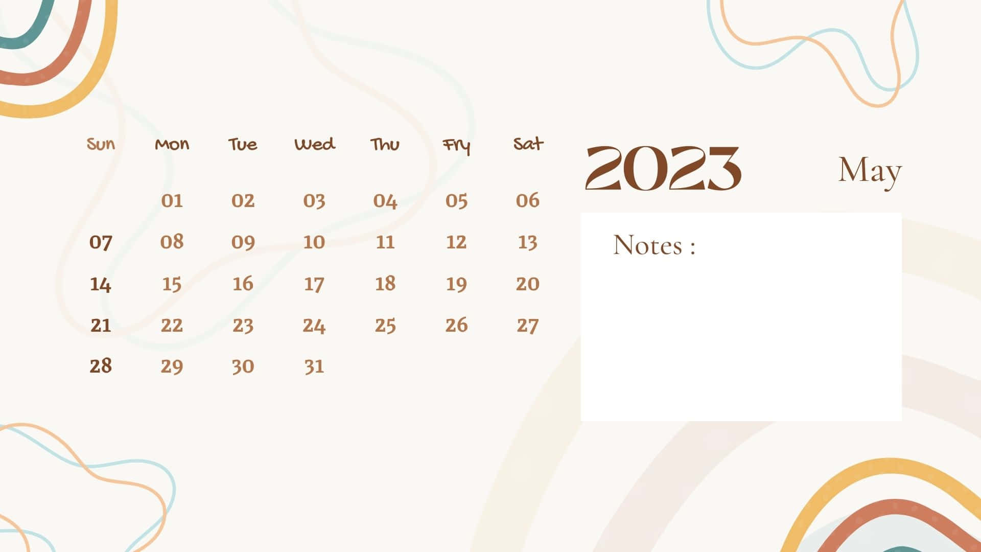 2023 May calendar, soft pastel swirls, notes box, Full HD Desktop Wallpaper
