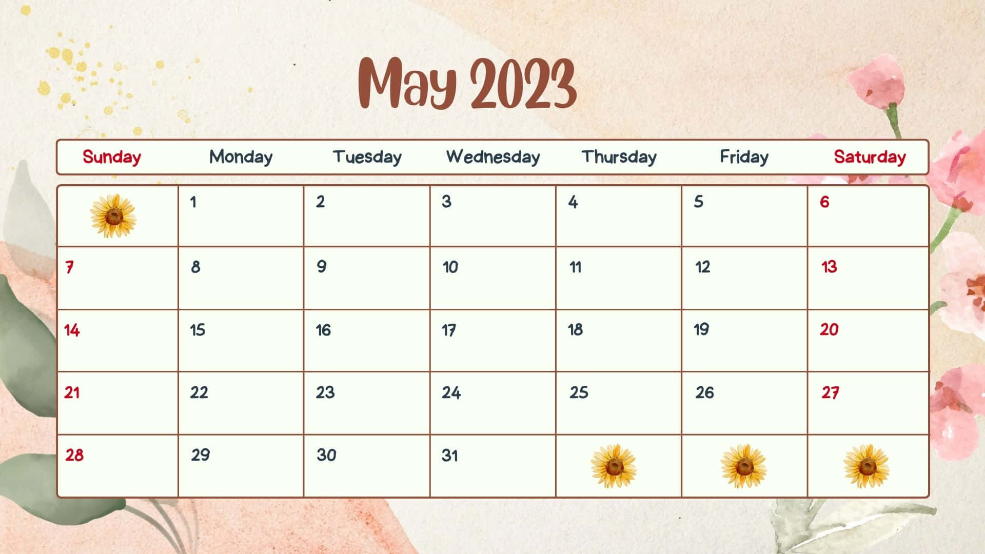 May 2023 Calendar, sunflowers, pink blossoms, Full HD Desktop Wallpaper