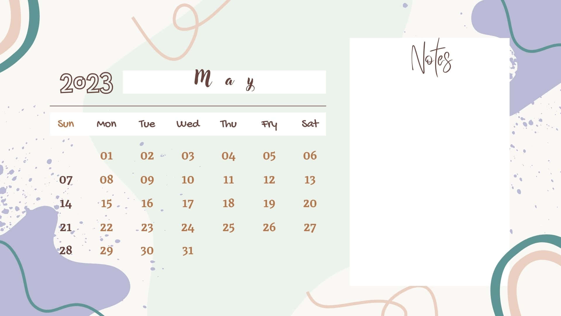 May 2023 Calendar, pastel-colored, abstract brushstroke patterns, Full HD Desktop Wallpaper