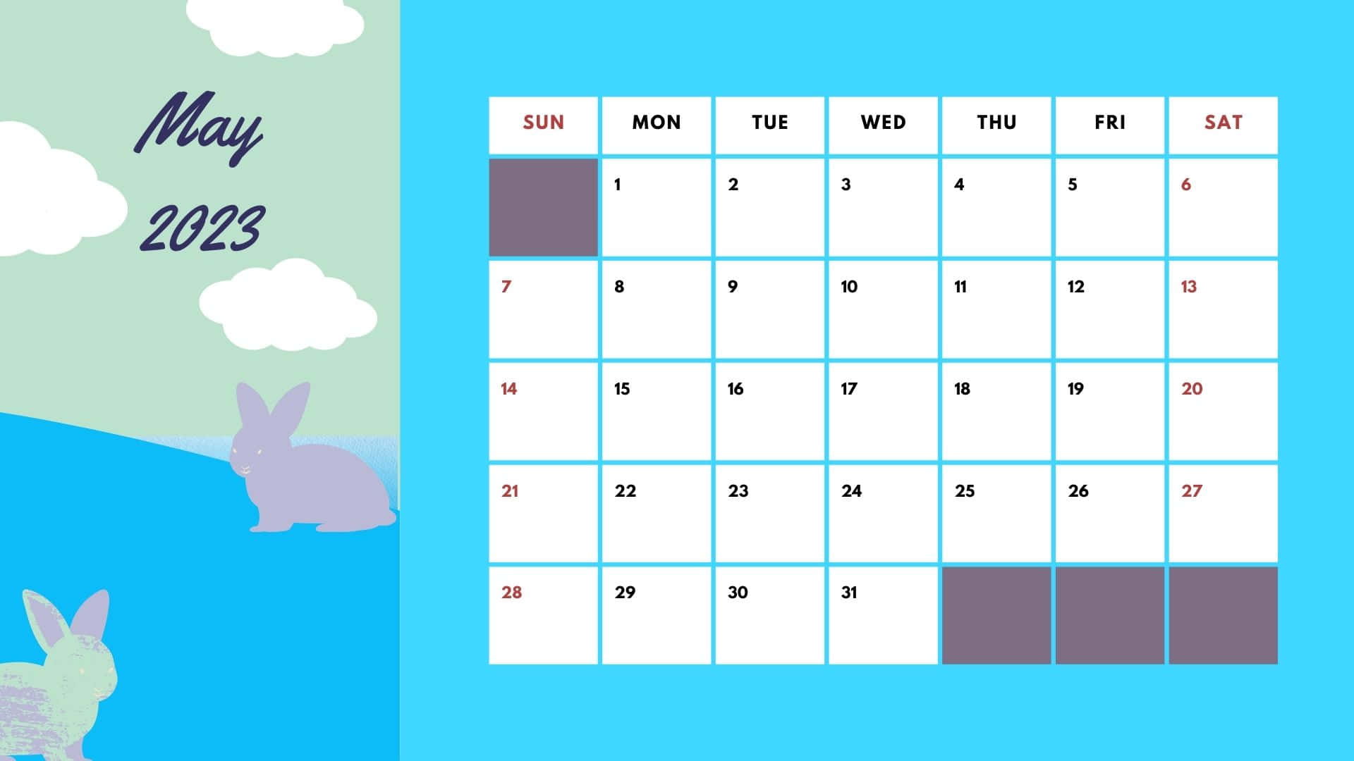 May 2023 Calendar, pastel-colored, cute rabbits, Full HD Desktop Wallpaper