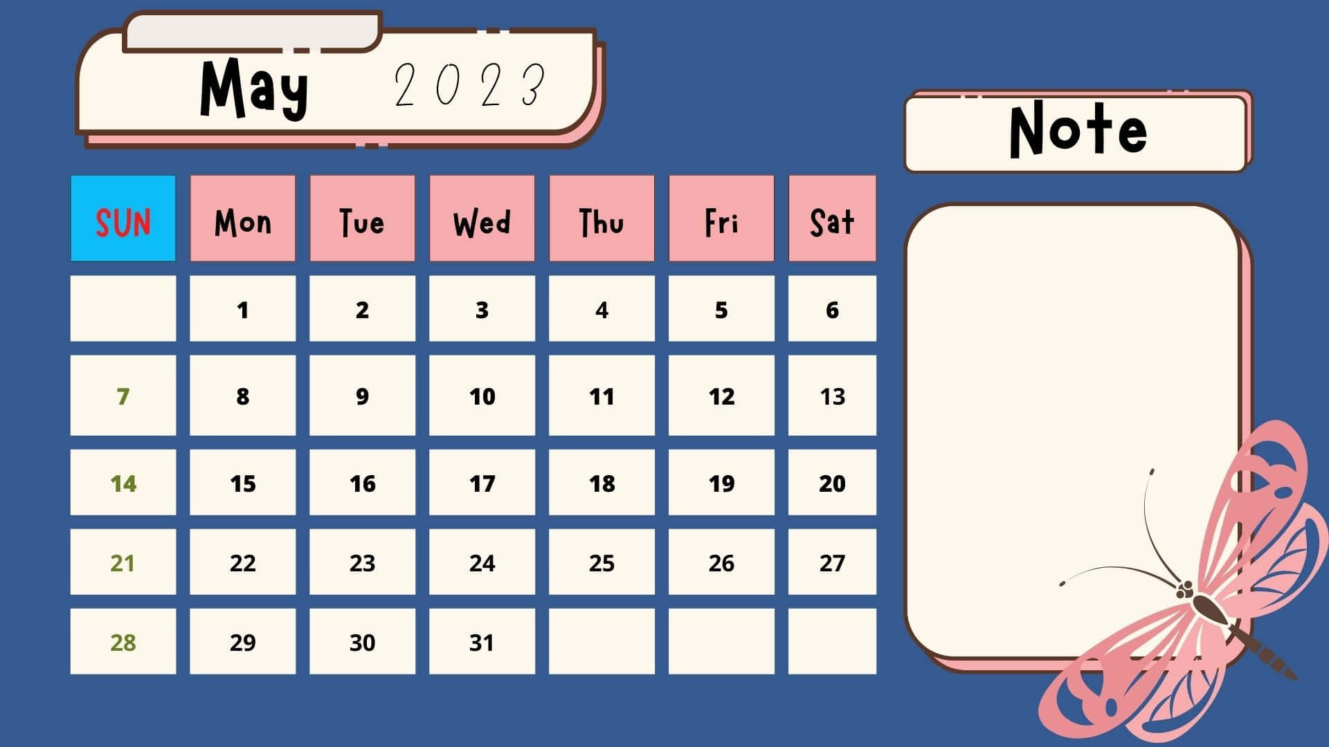 May 2023 Calendar, pastel-colored, pink butterfly, Full HD Desktop Wallpaper