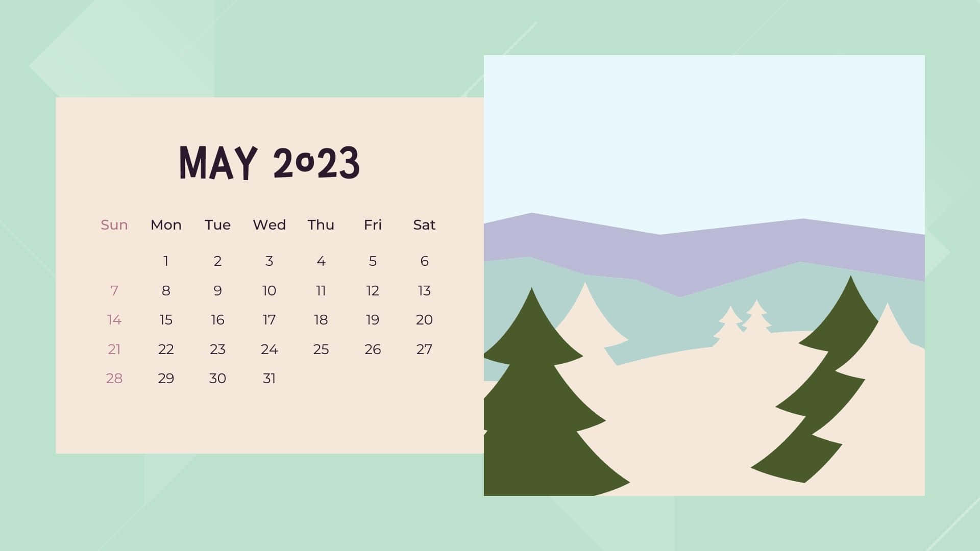 May 2023 Calendar, pastel mountain, pine tree, Full HD Desktop Wallpaper