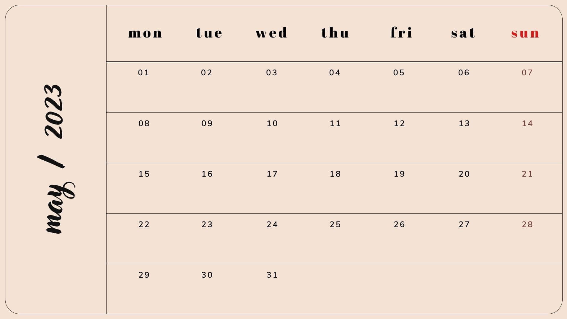 May 2023 Calendar, beige, black text, Full HD Desktop Wallpaper
