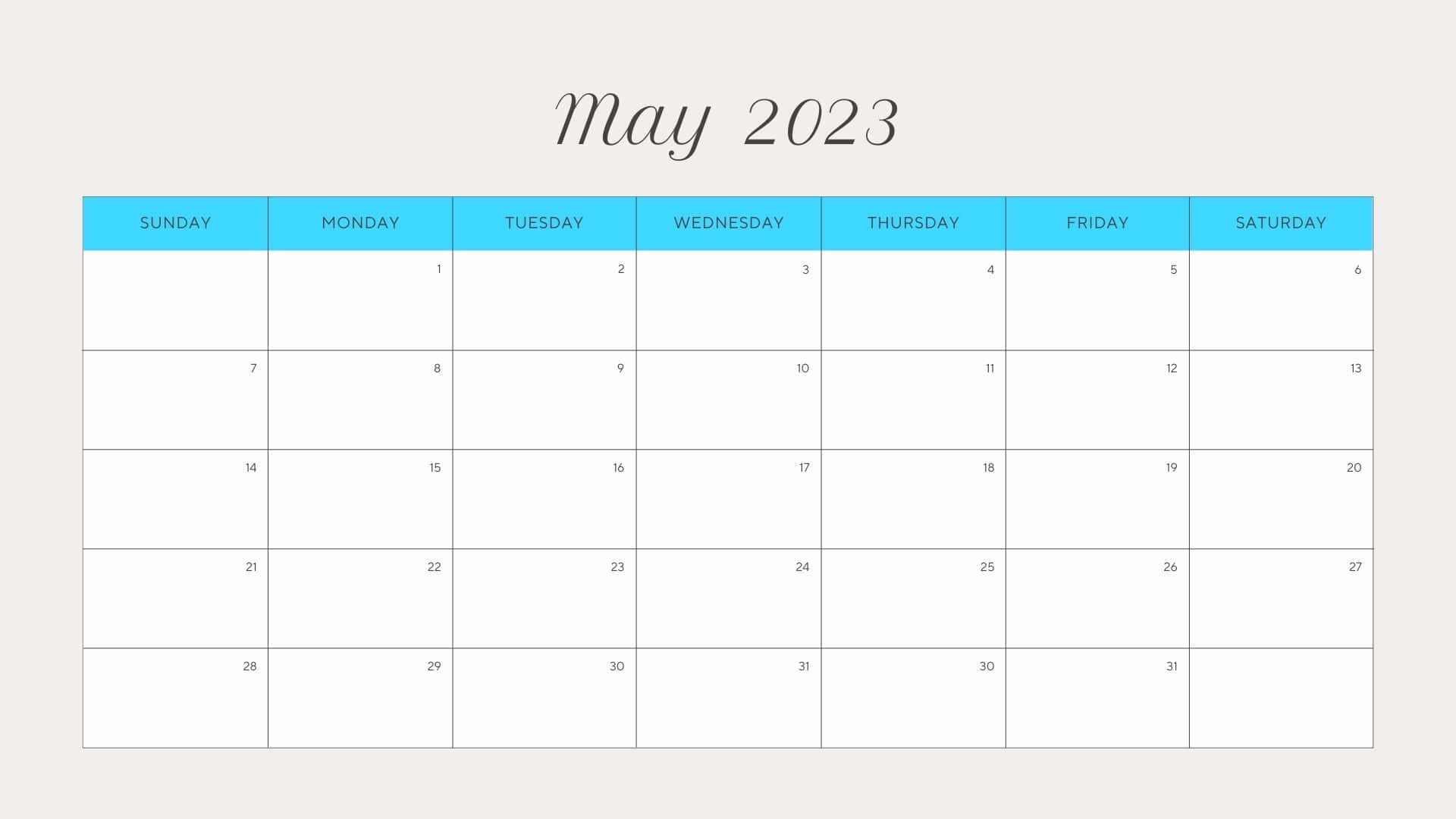 May 2023 calendar, light beige background, turquoise header rows, Full HD Desktop Wallpaper