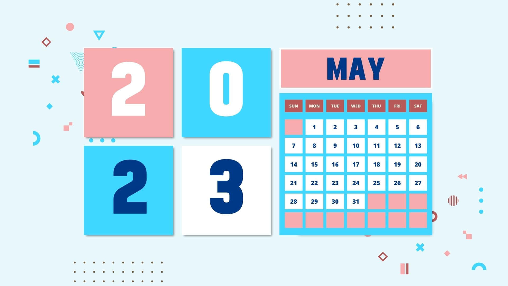May 2023 Calendar, light blue background, bold numbers, Full HD Desktop Wallpaper