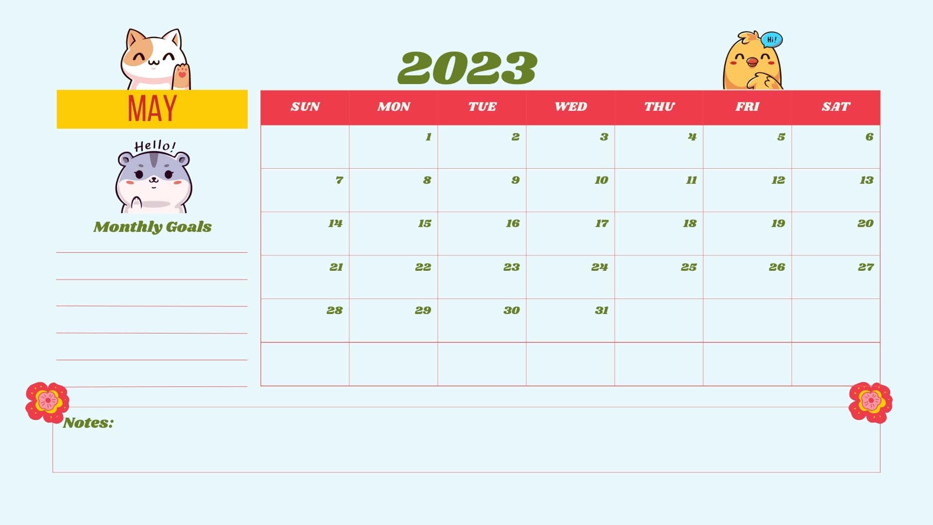 May 2023 Calendar, 2023 May calendar, cartoon animals, Full HD Desktop Wallpaper