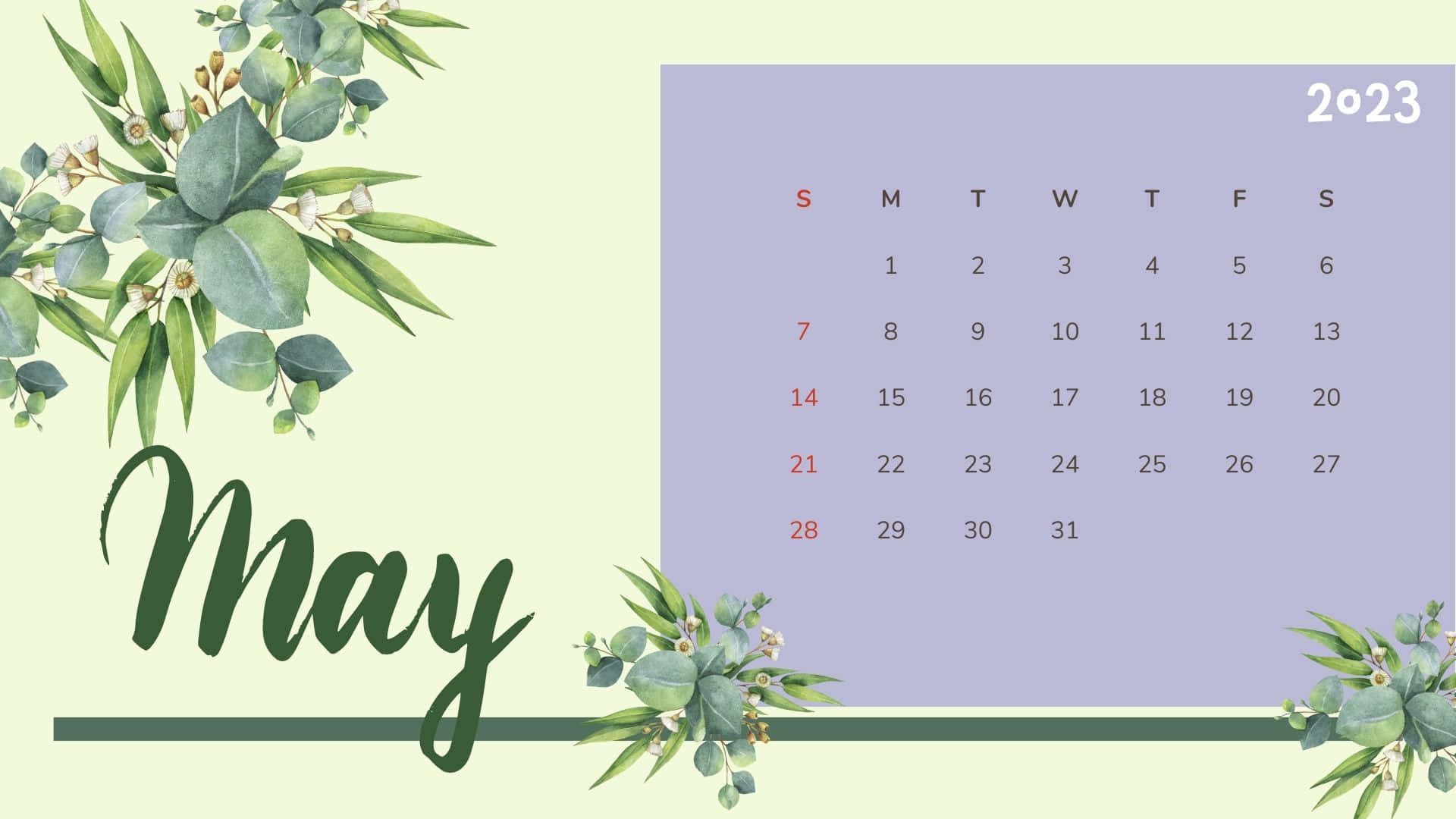 May 2023 Calendar, pastel, eucalyptus branches, Full HD Desktop Wallpaper