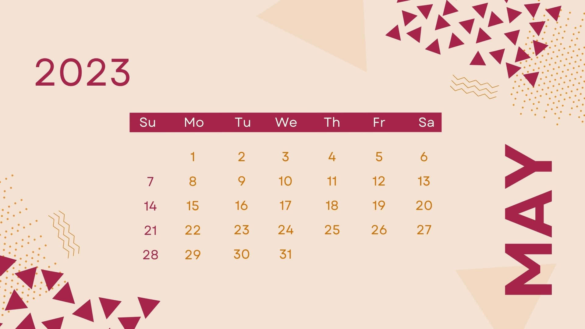 May 2023 Calendar, maroon, beige, Full HD Desktop Wallpaper