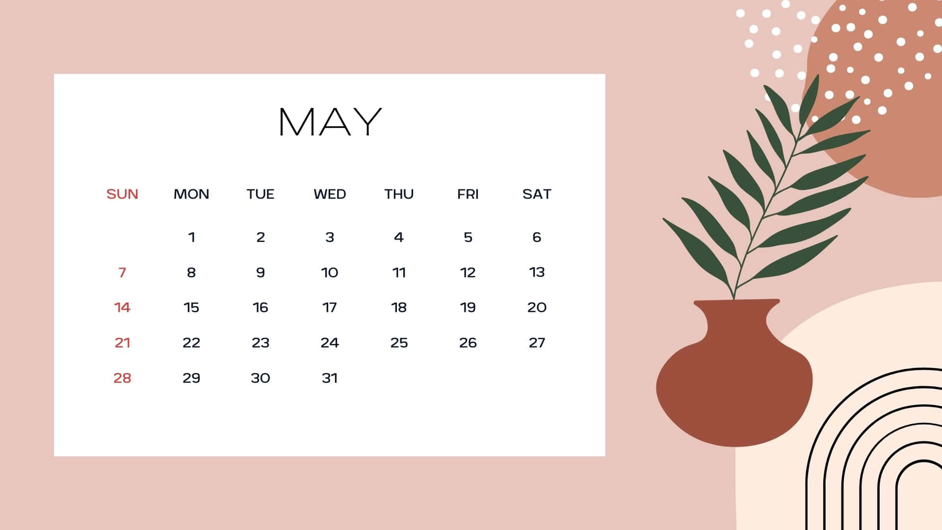 May 2023 Calendar, soft pink background, terracotta vase, Full HD Desktop Wallpaper