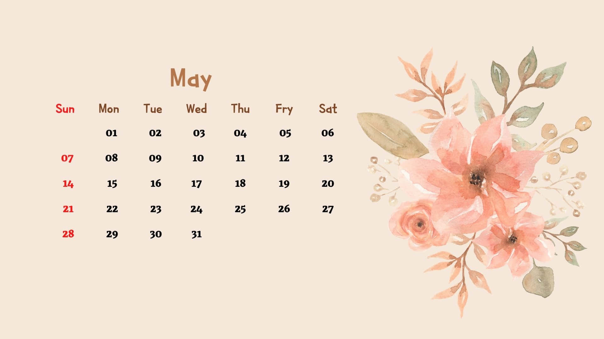 May 2023 Calendar, peach flowers, green leaves, Full HD Desktop Wallpaper