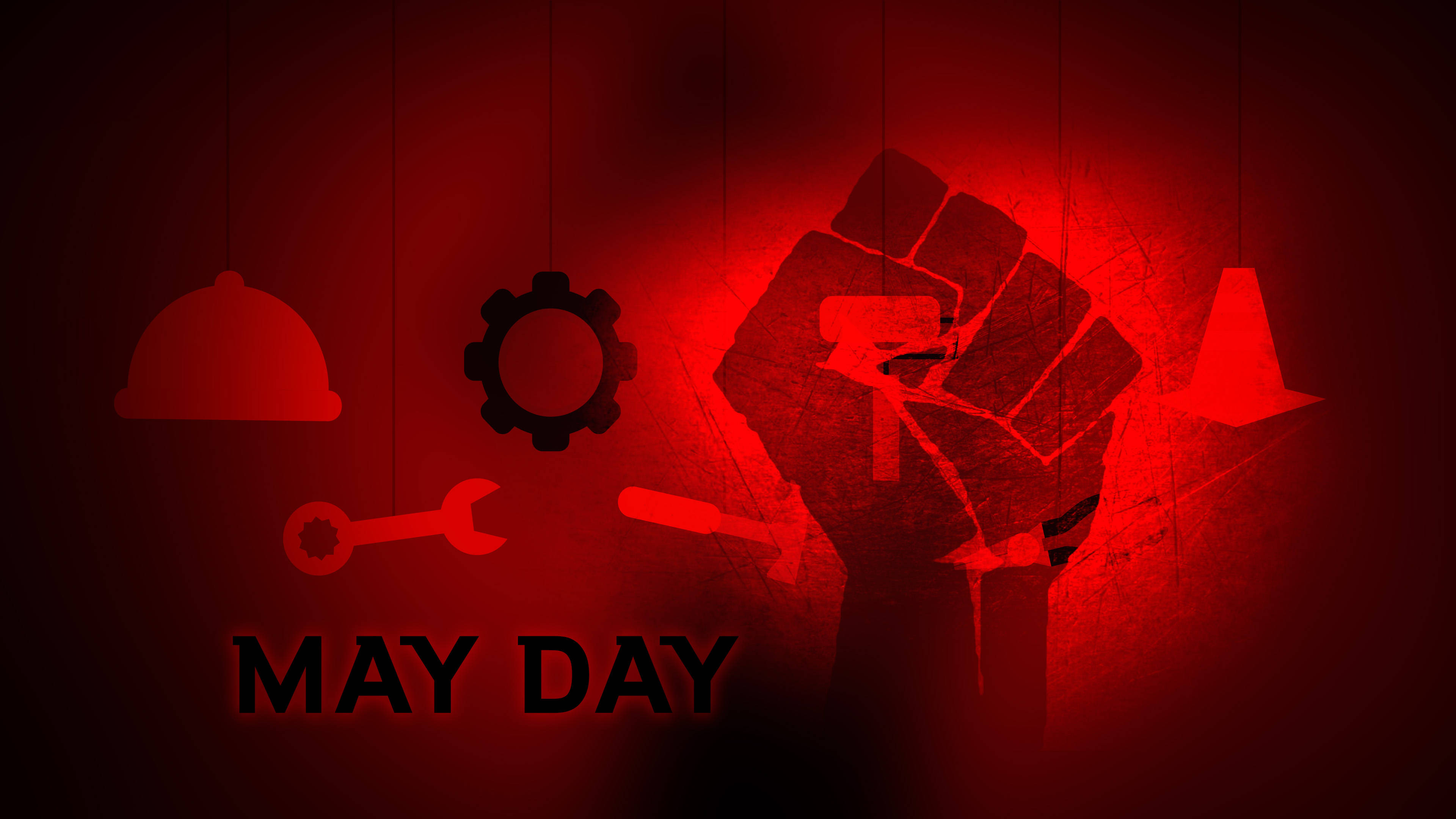 May Day, red-hued, raised fist, 4K Desktop Wallpaper
