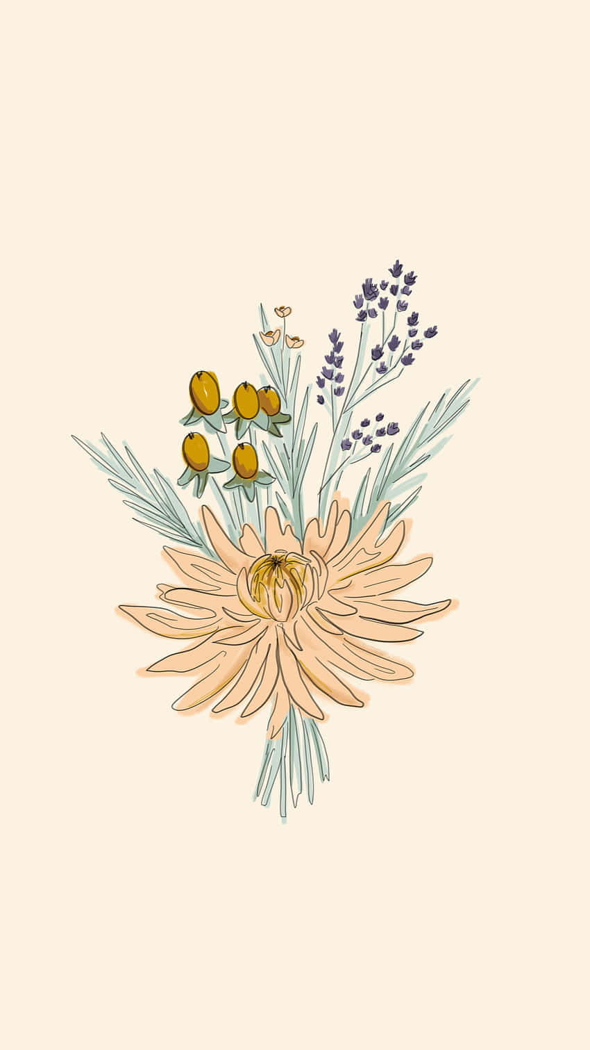 peach chrysanthemum, lavender sprigs, yellow buds, HD Phone Wallpaper