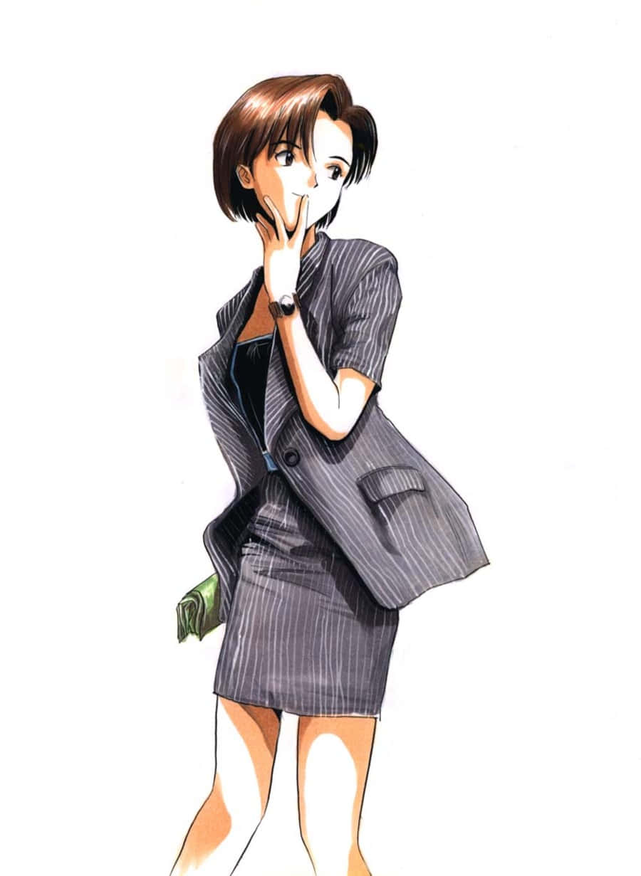 Maya Ibuki, pinstripe suit, hand near mouth, SD Phone Wallpaper