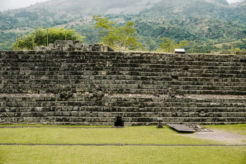 Mayan Ruins Of Copan, ancient stone stadium, tiered seating stands, SD Desktop Wallpaper