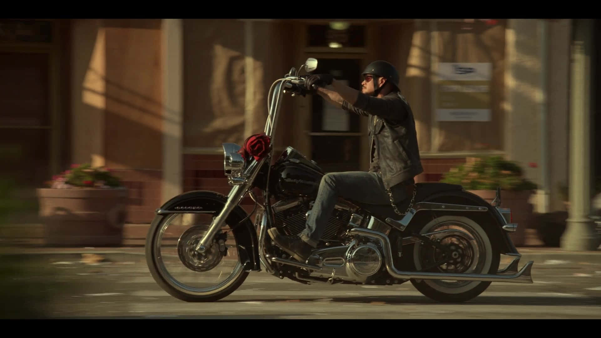 Mayans MC, black cruiser motorcycle, golden hour lighting, Full HD Desktop Wallpaper
