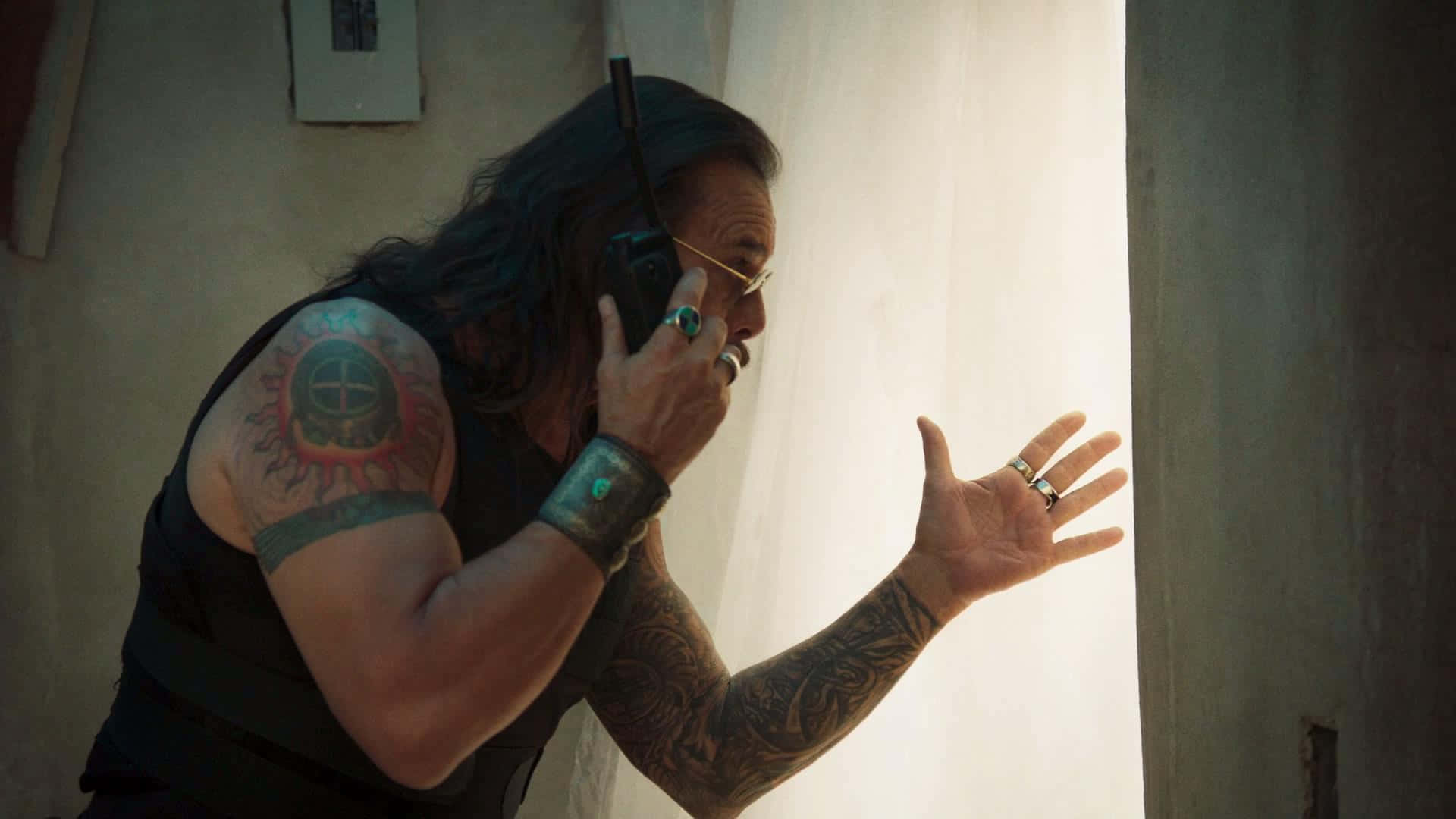 Mayans MC, tattooed man, glasses, Full HD Desktop Wallpaper