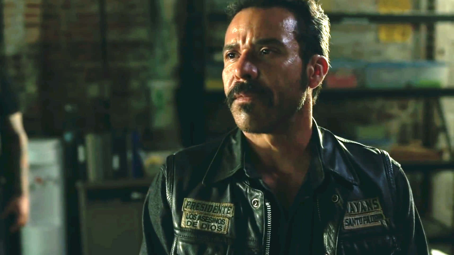 Mayans MC, black leather jacket, patches reading presidente and santo padre, Full HD Desktop Wallpaper