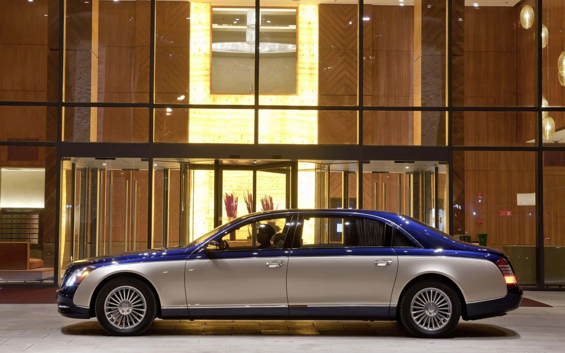 Maybach 57, blue and silver, modern glass and wood hotel entrance, Full HD Desktop Wallpaper