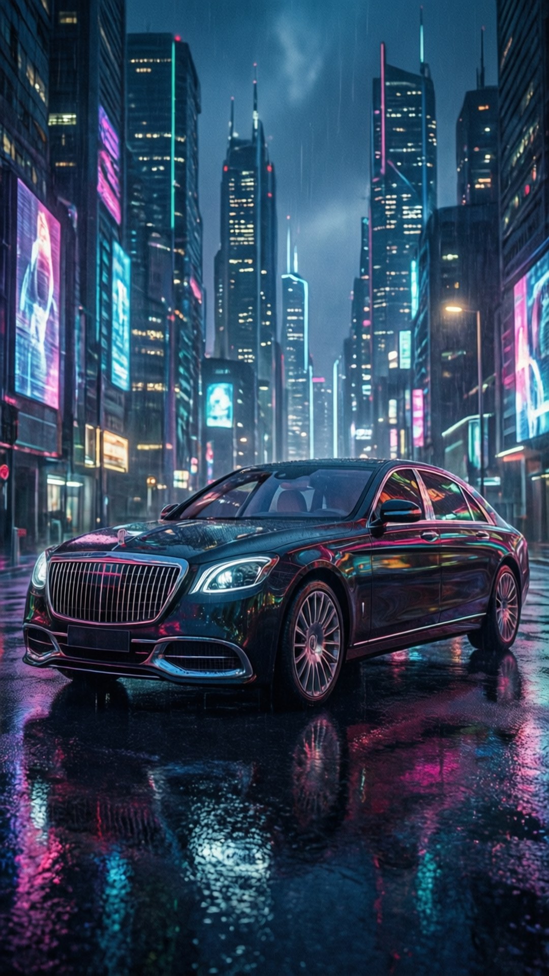 Maybach 62s, cyberpunk city, night, Full HD Phone Wallpaper
