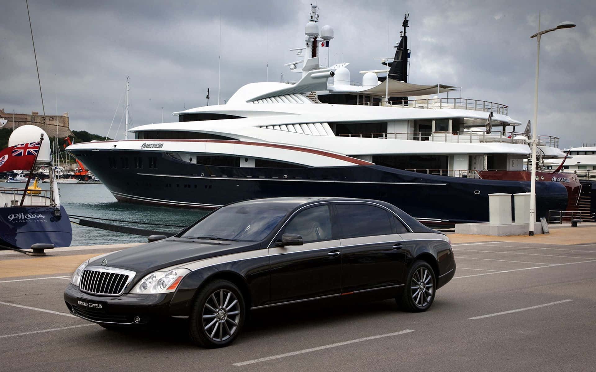 Maybach 62s, sleek black, dock, Full HD Desktop Wallpaper