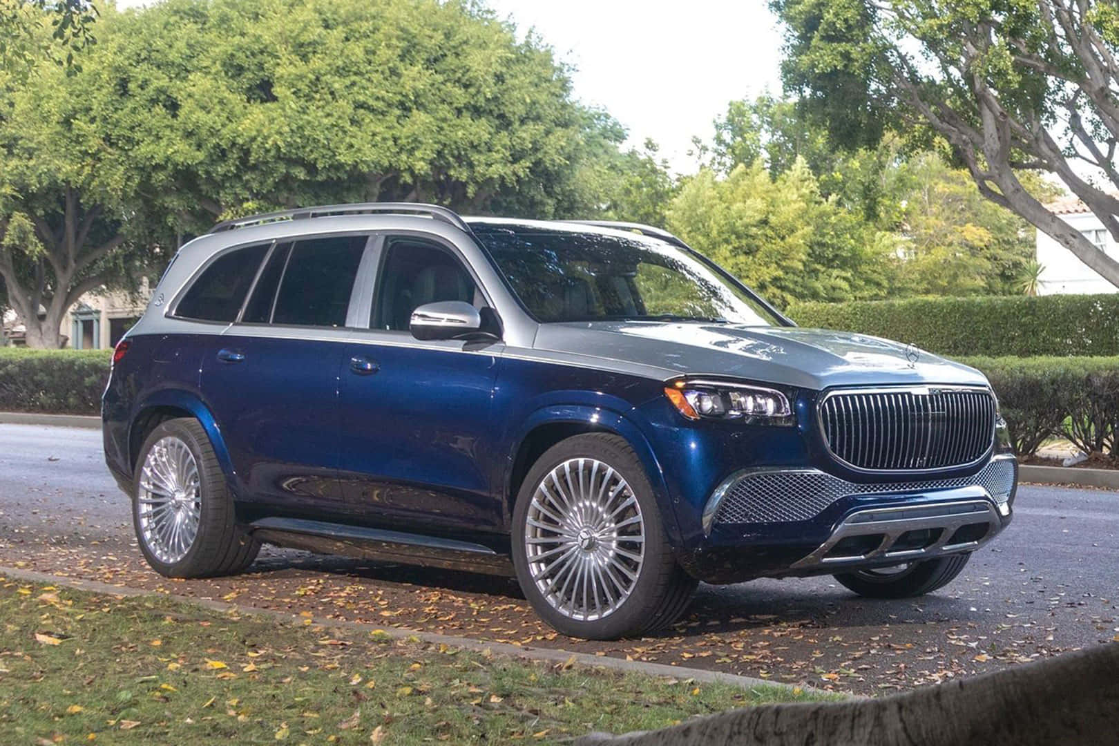 Maybach GLS 600, blue, tree-lined street, HD Desktop Wallpaper