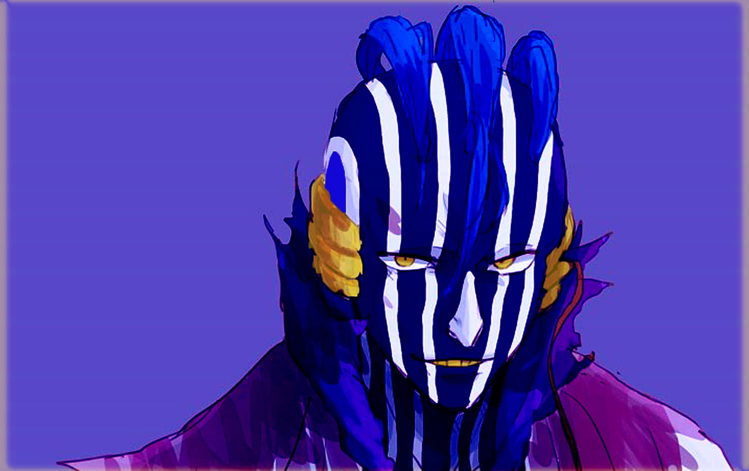 Mayuri Kurotsuchi, blue and white striped hair, golden horns, HD Desktop Wallpaper