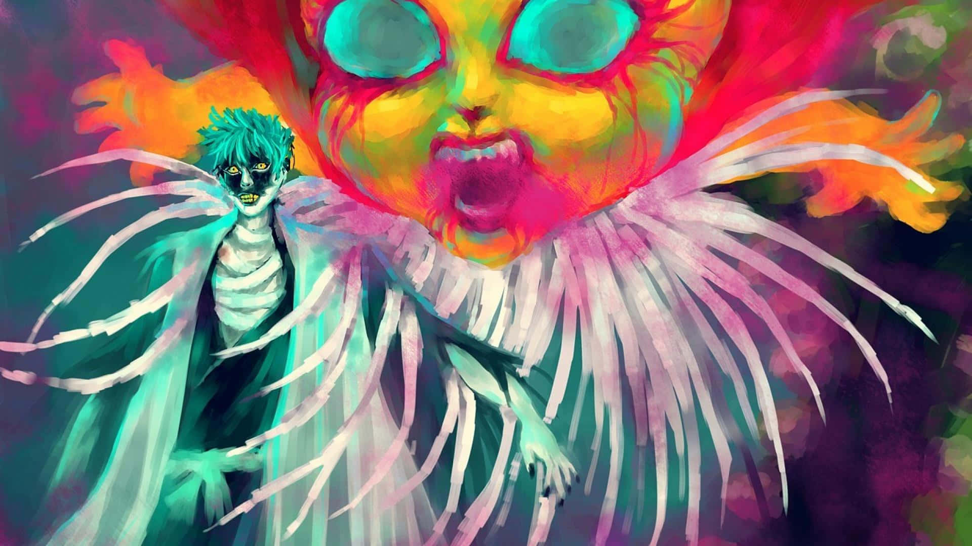 Mayuri Kurotsuchi, green-haired, giant colorful screaming face, Full HD Desktop Wallpaper