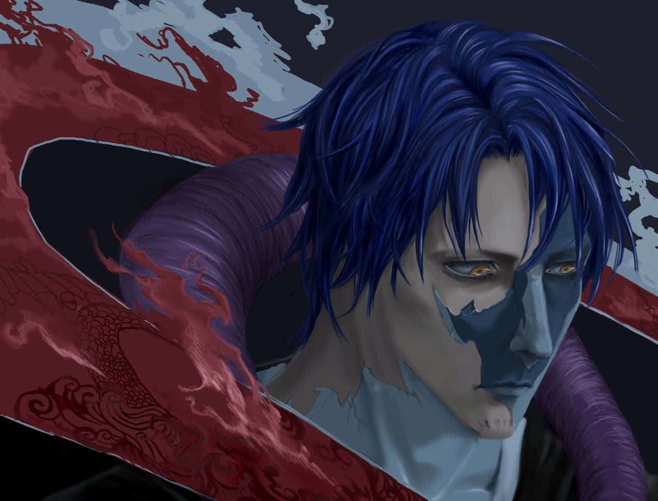 Mayuri Kurotsuchi, blue-haired, half his face painted in dark blue, HD Desktop Wallpaper