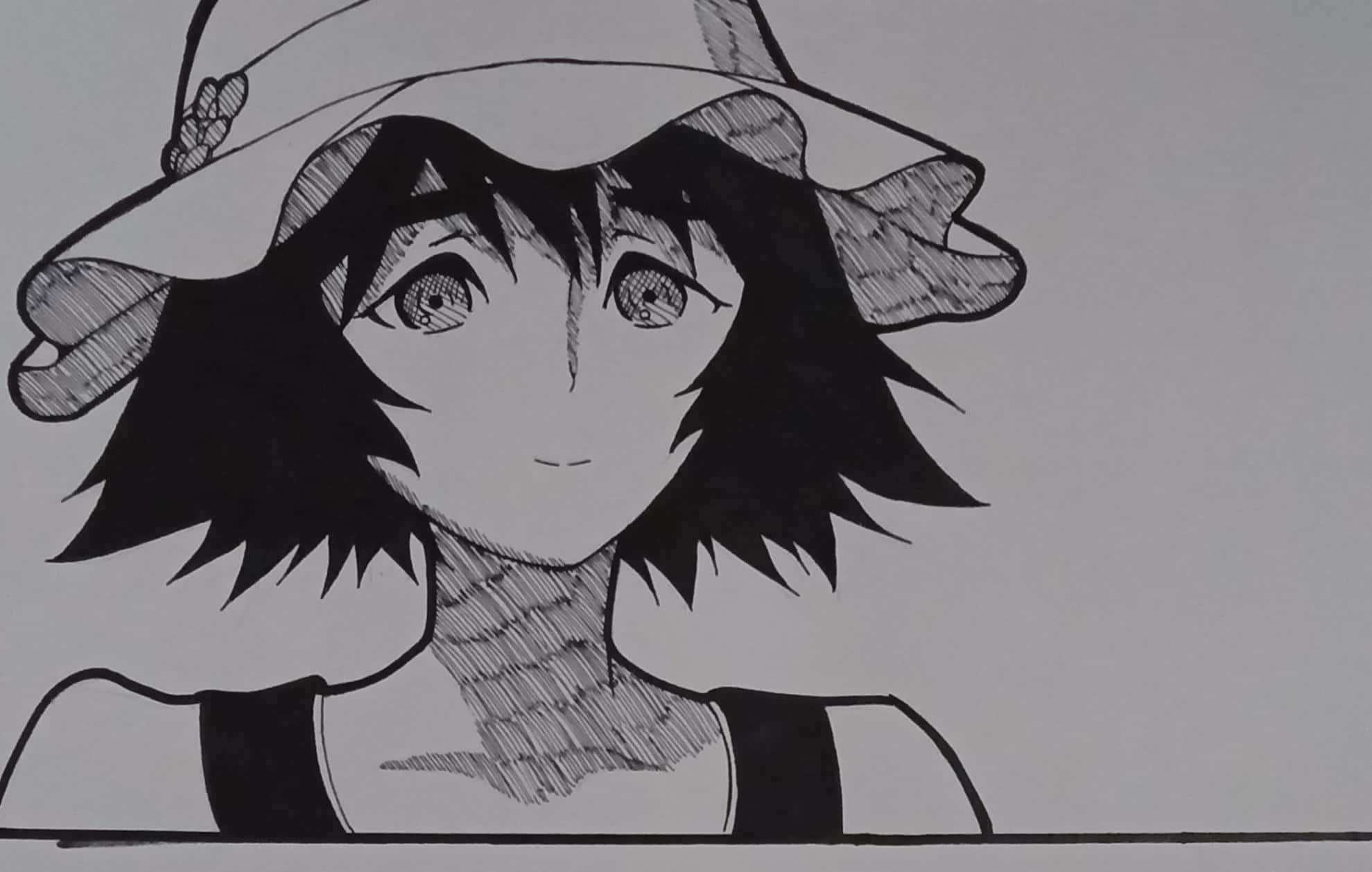 Mayuri Shiina, black and white anime-style sketch, short hair, Full HD Desktop Wallpaper