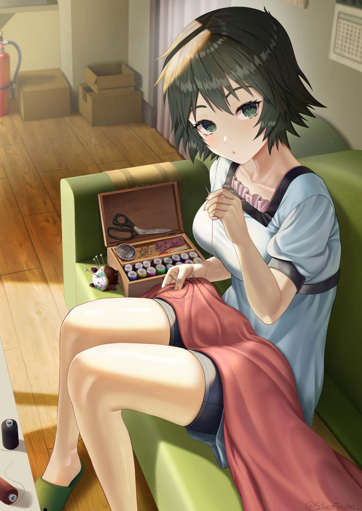 Mayuri Shiina, short dark hair, green couch, HD Phone Wallpaper