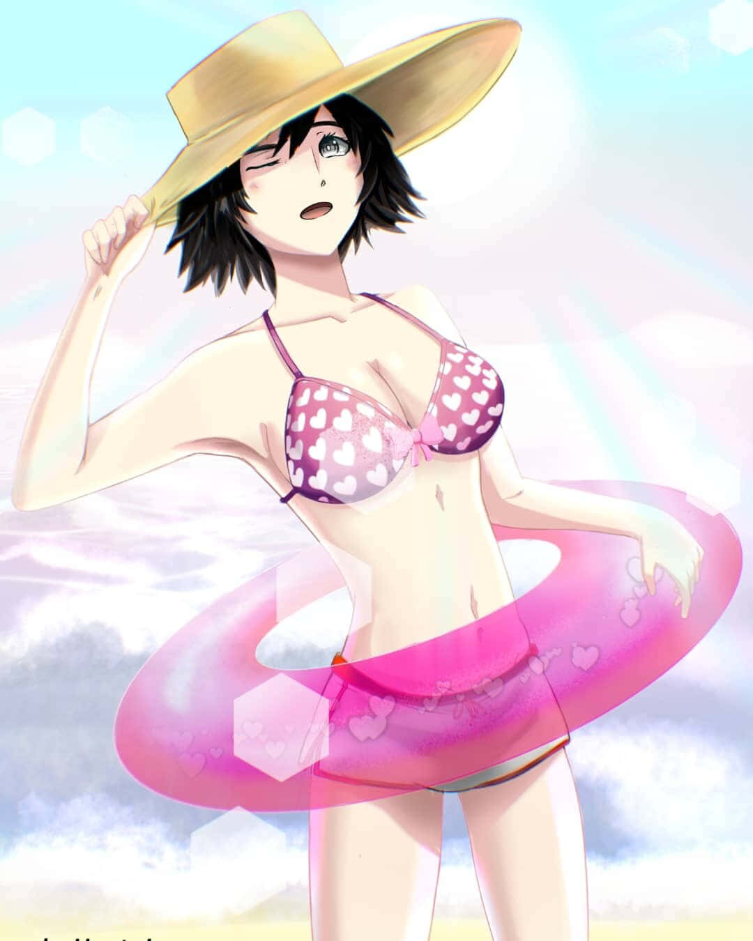 Mayuri Shiina, heart-patterned bikini, straw hat, HD Phone Wallpaper