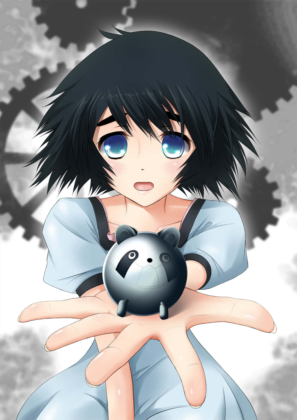 Mayuri Shiina, blue eyes, panda robot, HD Phone Wallpaper