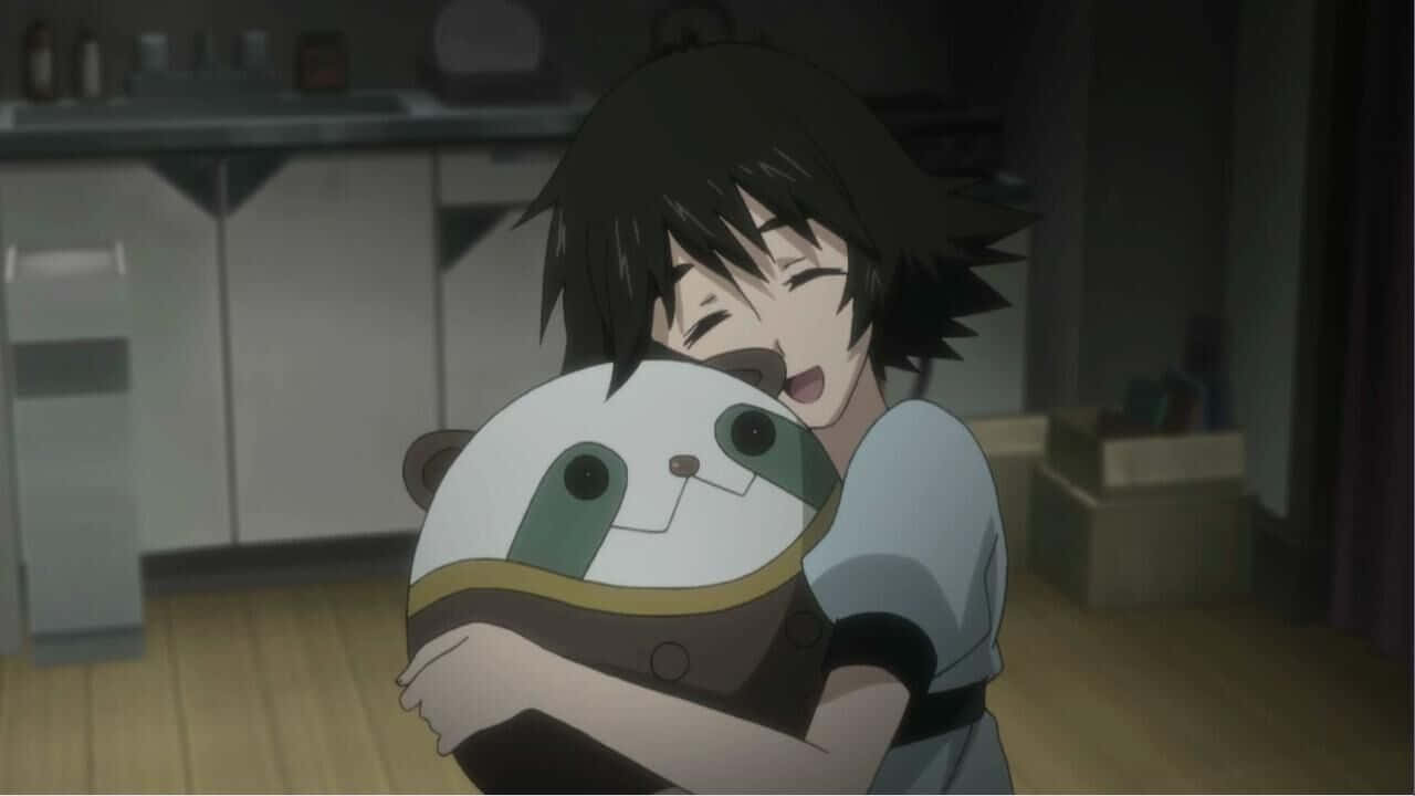 Mayuri Shiina, plush panda toy, dimly lit kitchen, HD Desktop Wallpaper