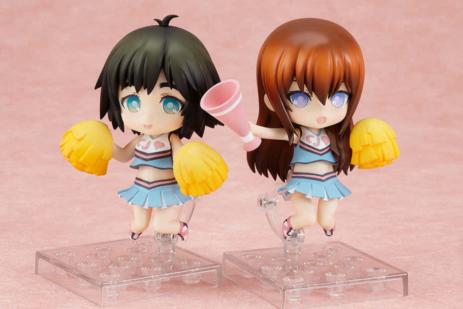 Mayuri Shiina, anime-style cheerleader figurines, blue uniforms, SD Desktop Wallpaper