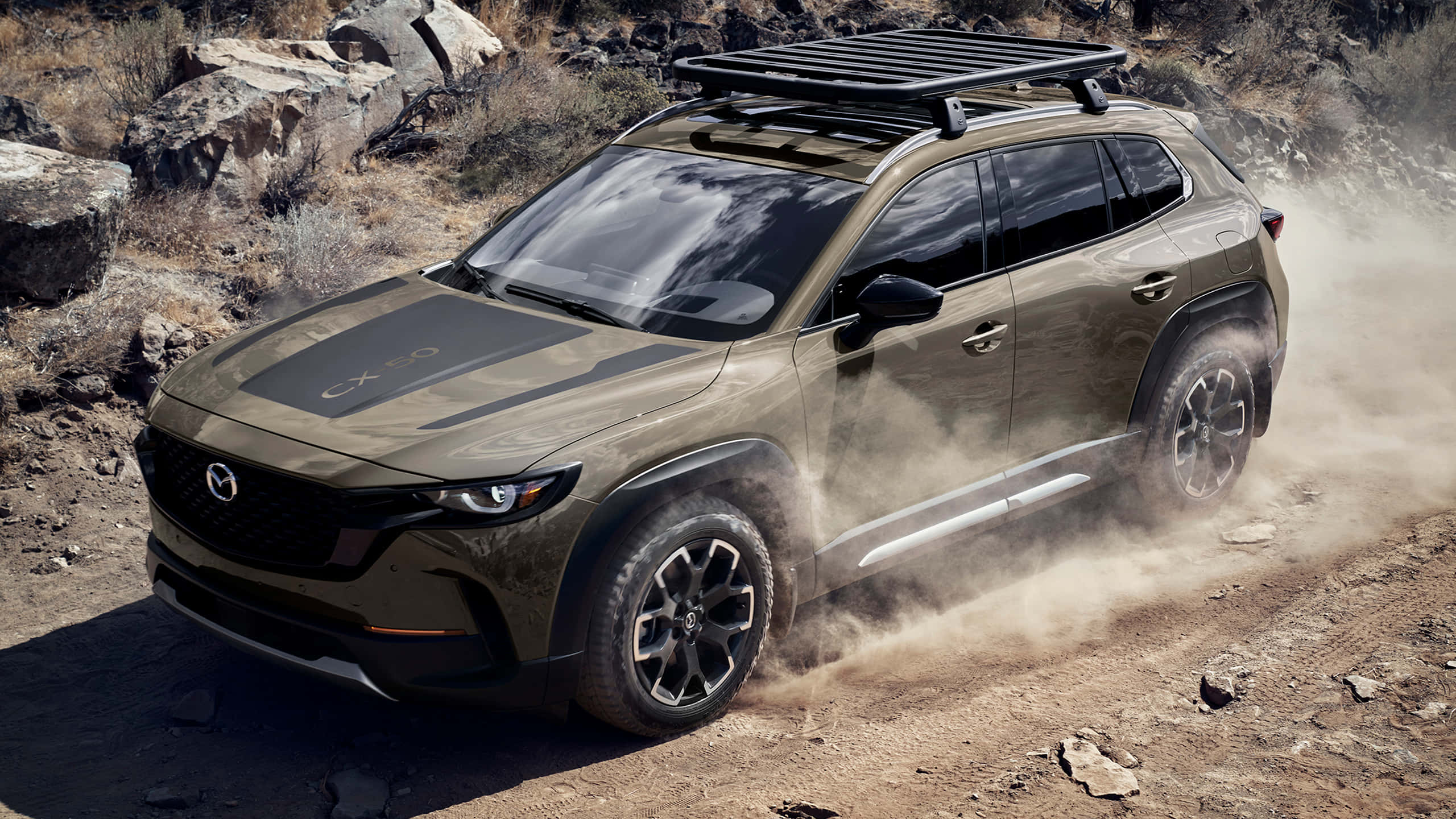 Mazda Cx-3, matte olive green, roof rack, 2K Desktop Wallpaper
