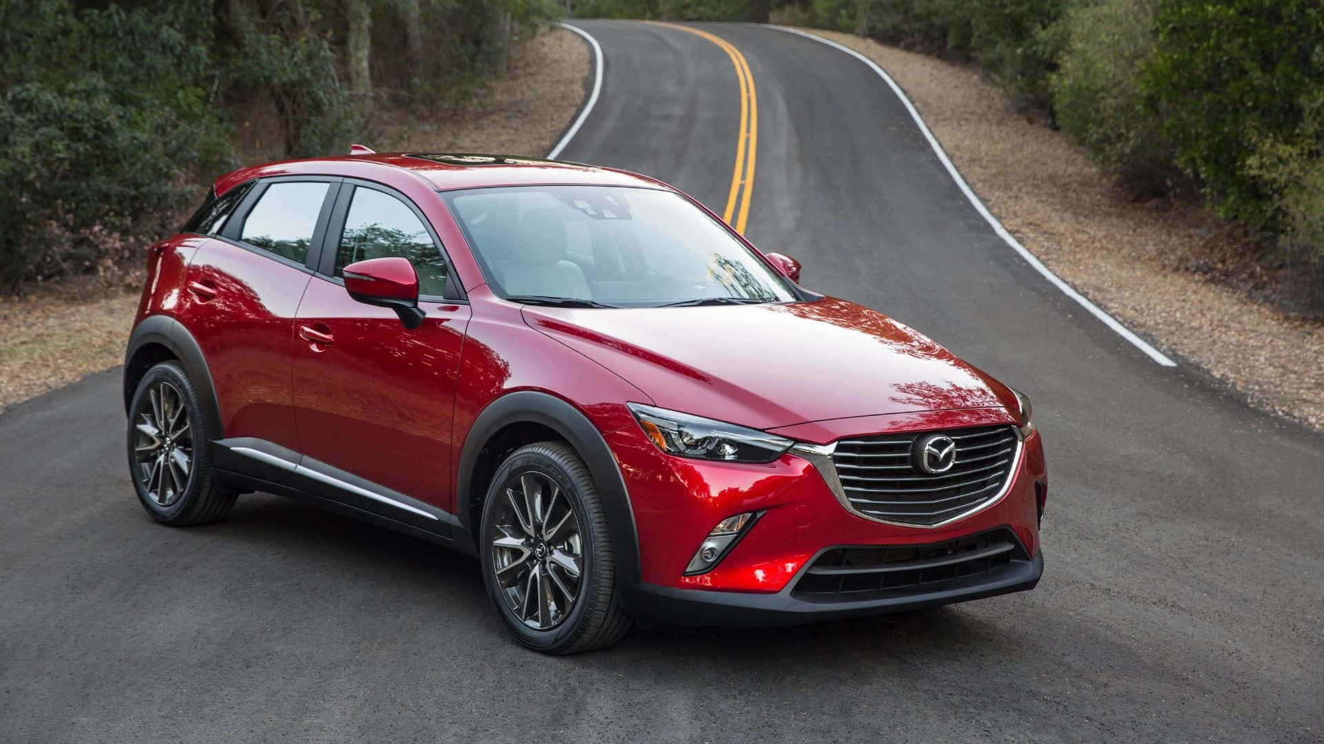 Mazda CX-3, glossy red, winding forest road, Full HD Desktop Wallpaper