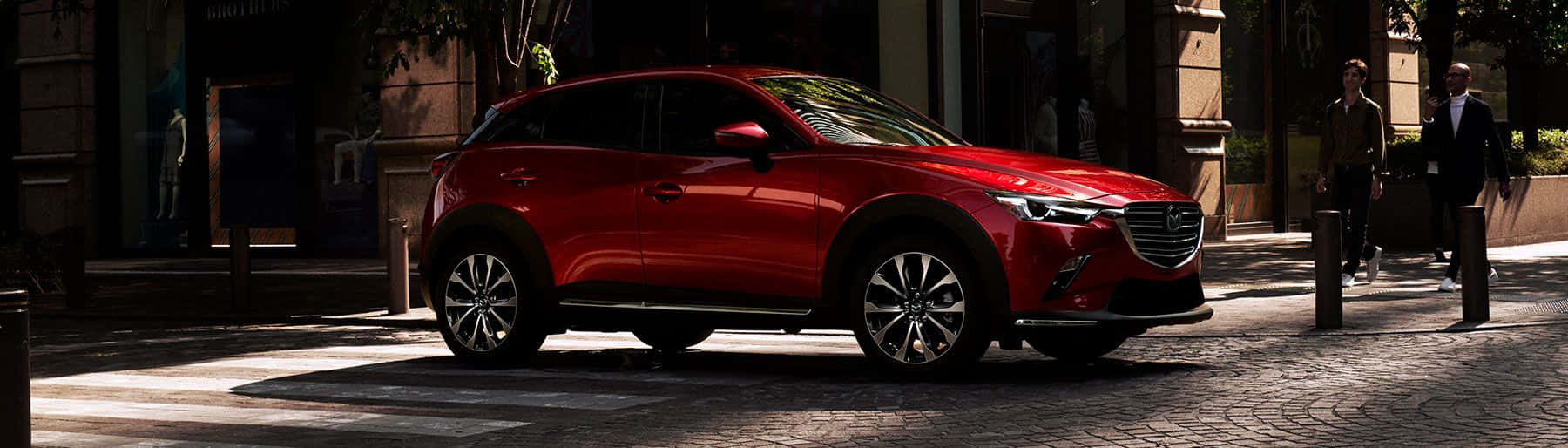 Mazda CX-3, glossy red, sunlit cobblestone street, HD Desktop Wallpaper