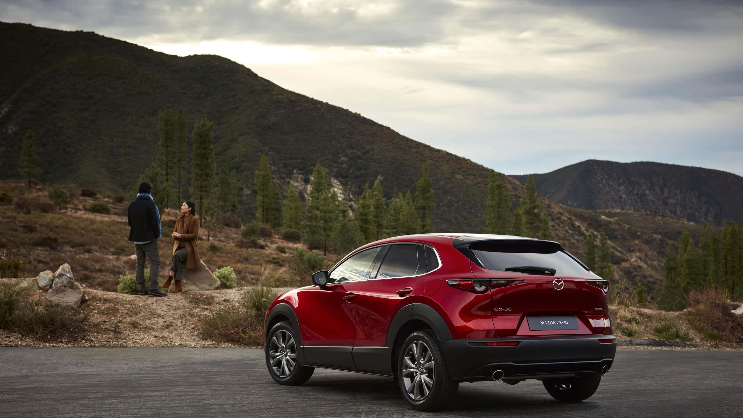 Mazda CX-30, glossy red, paved road, 2K Desktop Wallpaper