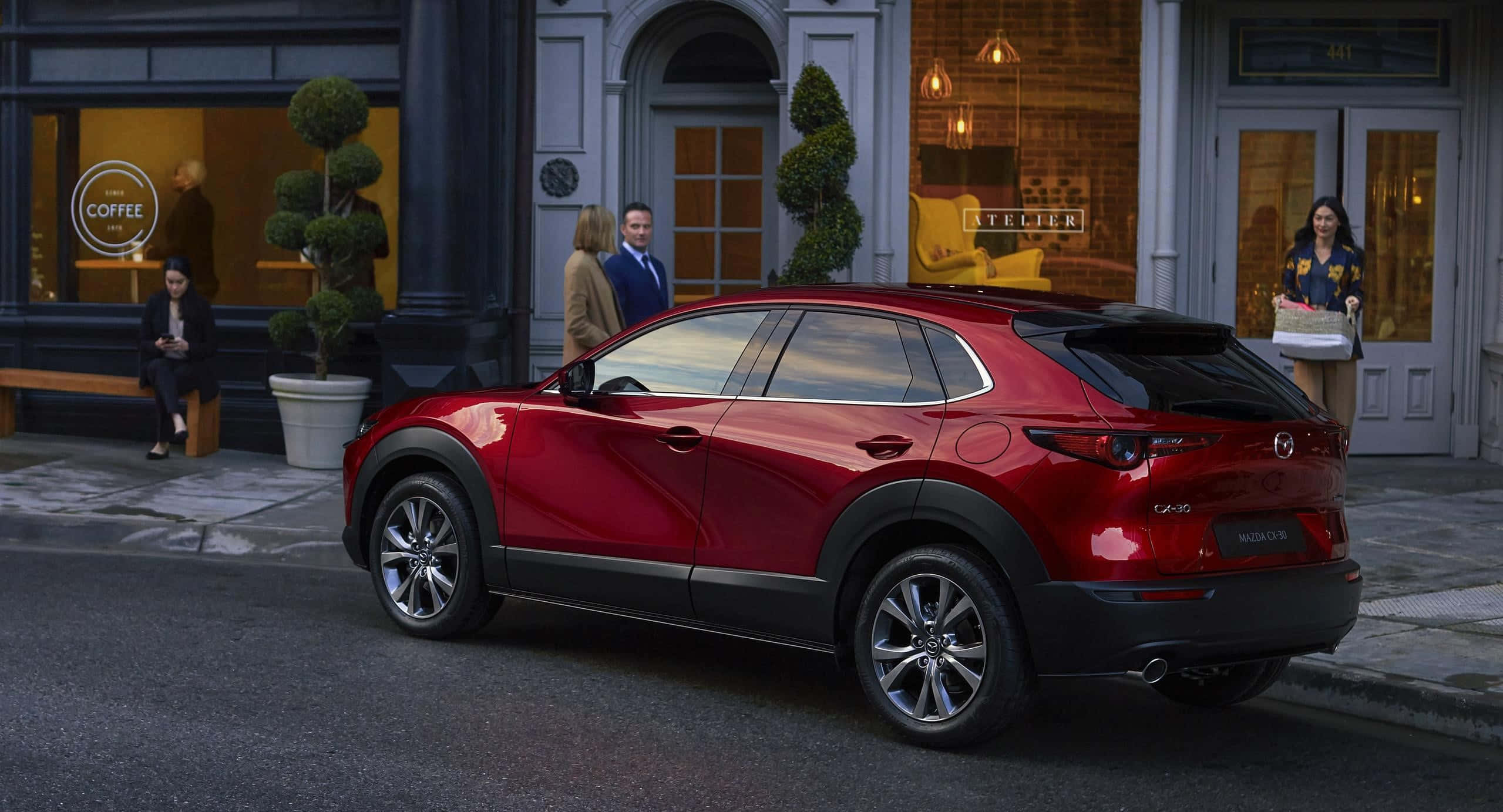Mazda CX-30, glossy red, city street, Full HD Desktop Wallpaper