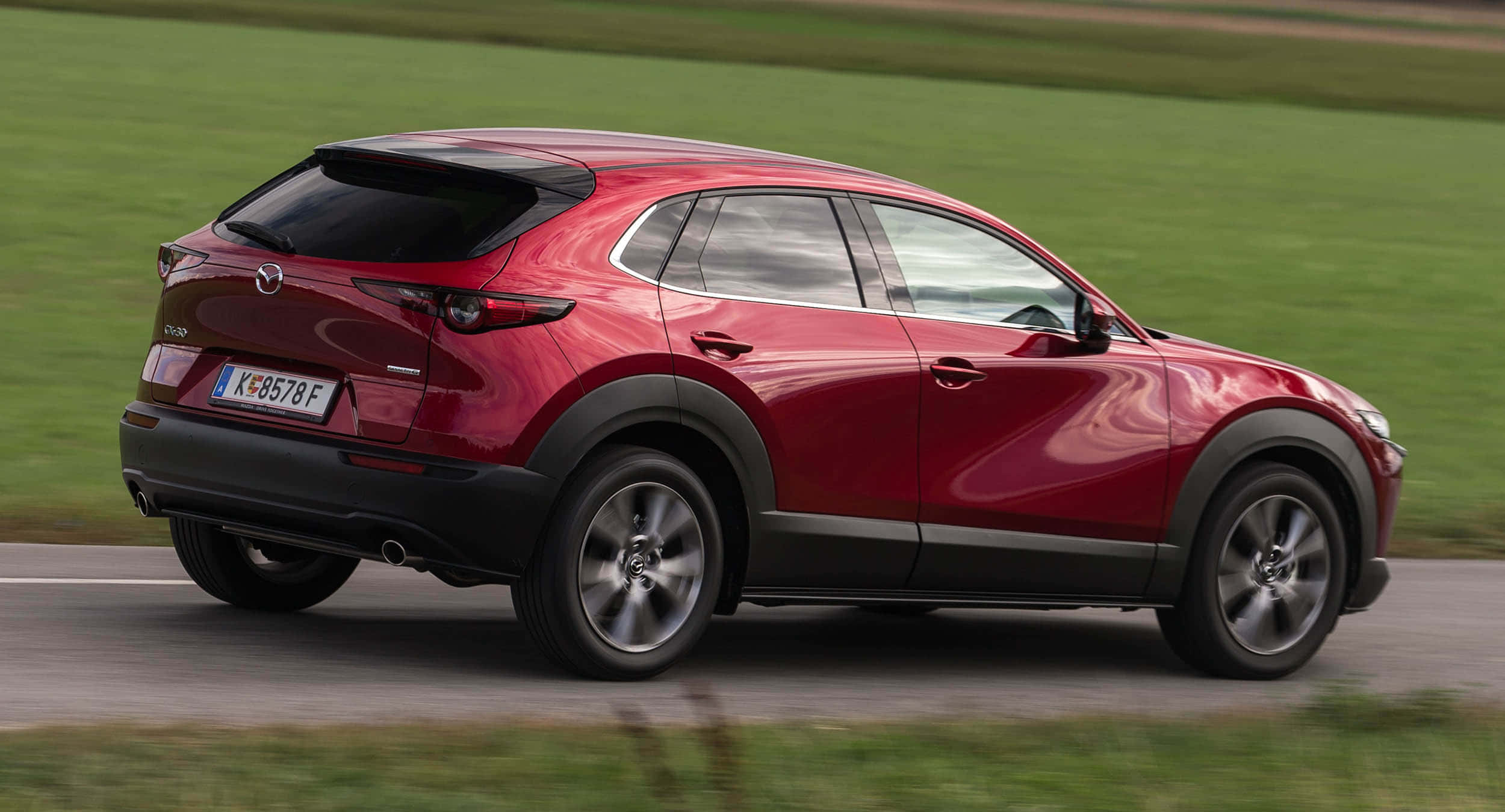 Mazda CX-30, vibrant red, rural road, Full HD Desktop Wallpaper