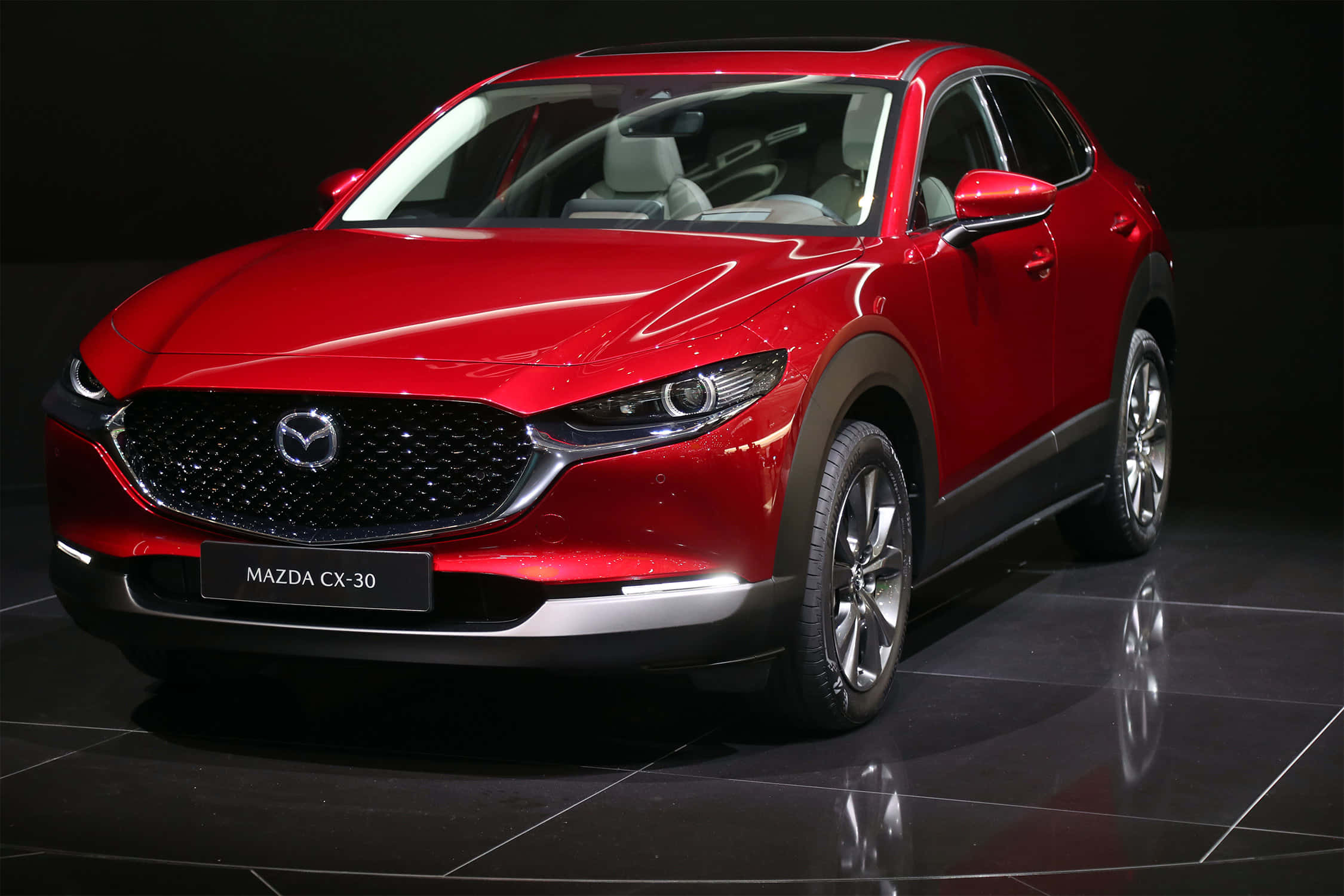 Mazda CX-30, glossy red, dark tiled floor, Full HD Desktop Wallpaper