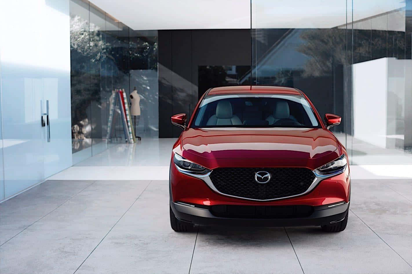 Mazda CX-30, glossy red, modern glass-walled showroom, HD Desktop Wallpaper