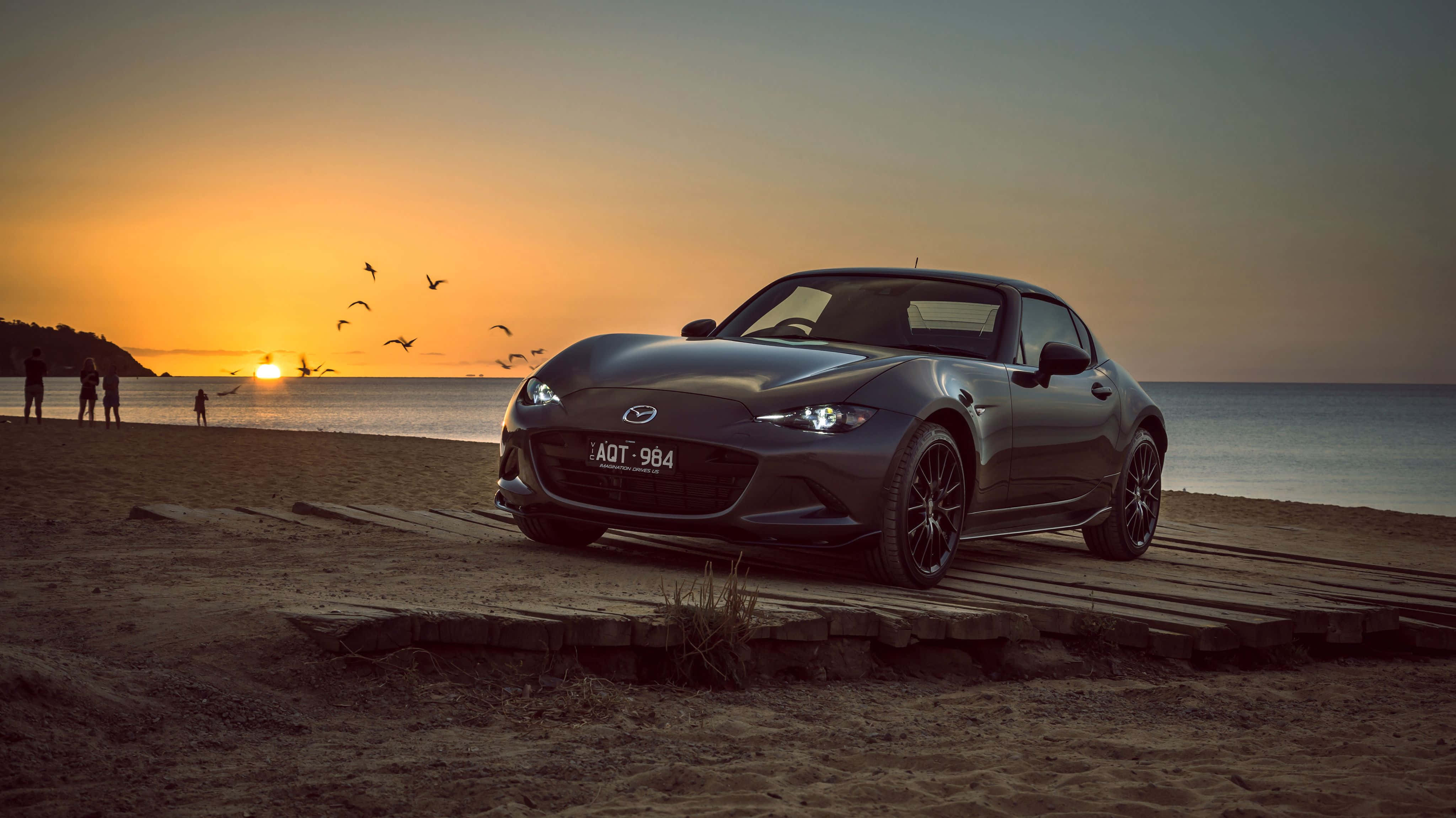 Mazda MX-5 Miata, dark gray, wooden boardwalk, 4K Desktop Wallpaper