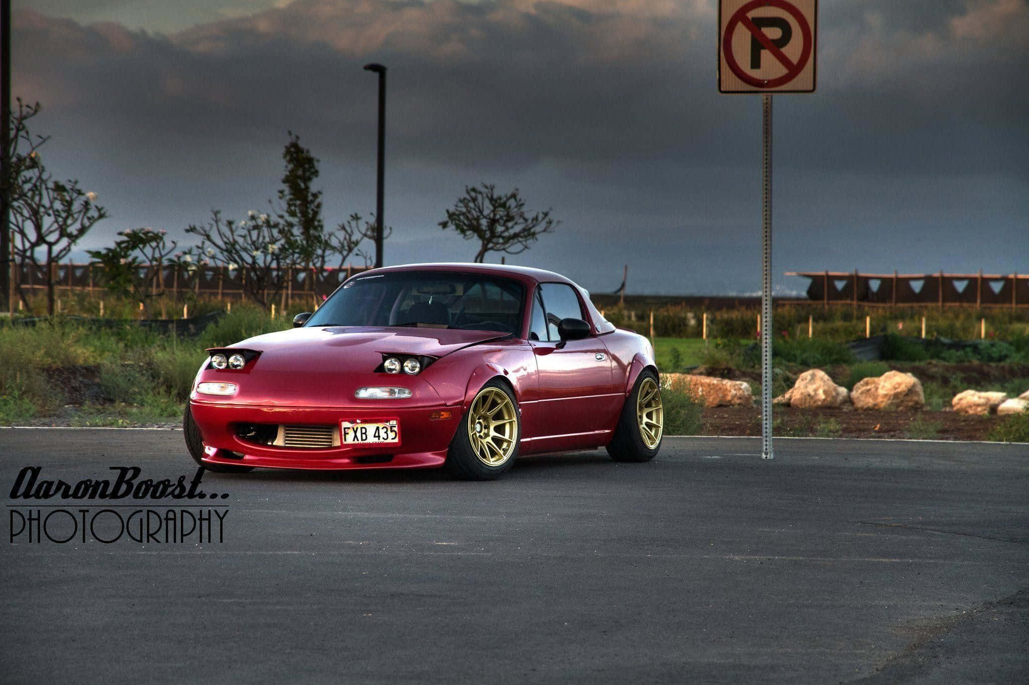 Mazda MX-5 Miata, glossy red, gold wheels, Full HD Desktop Wallpaper