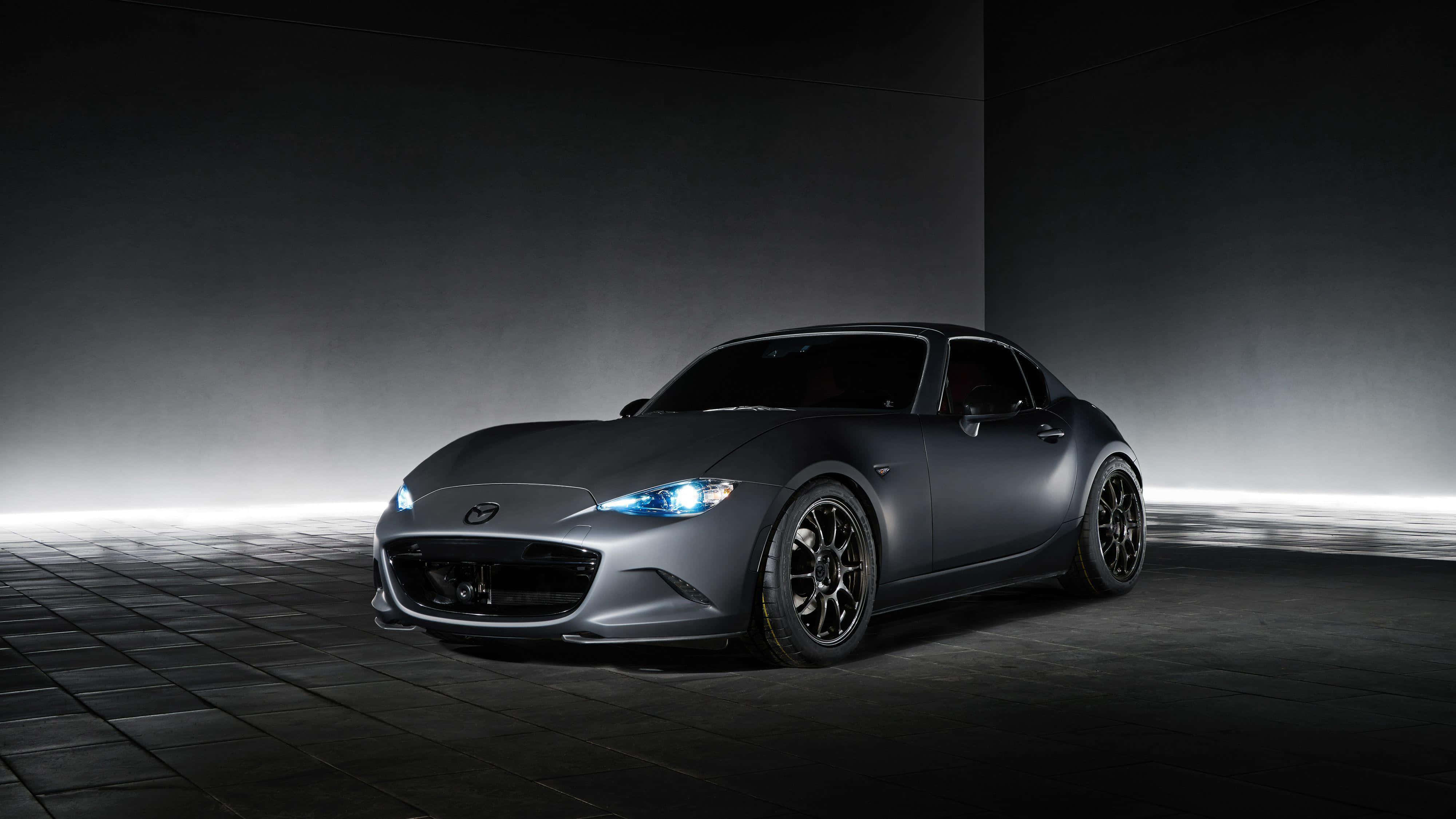Mazda Miata, matte gray, bright blue headlights, 4K Desktop Wallpaper
